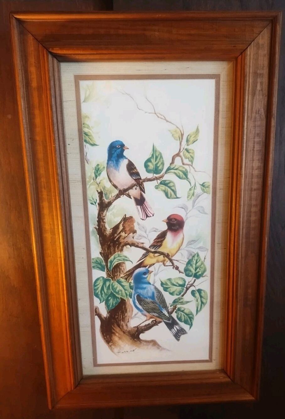 Vintage Art Framed Picture Painting Print Birds Tree Decorative Wood Frame & Mat